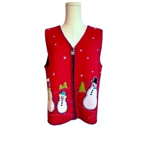 Coldwater Creek 100% Wool Red Snowman Appliqué Zip Sweater Vest Women's Medium